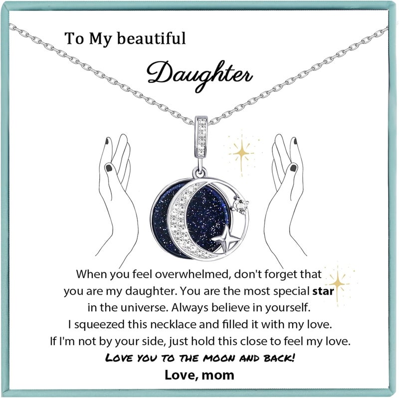 Sereney Valentines Day Gifts for Daughter, Daughter Gifts from Mom, Bonus Daughters Gifts, Silver Moon Star Necklace as Bonus Daughterr Necklaces from Mom, Step Daughterr Present from Stepmom Stepdad - Image 1